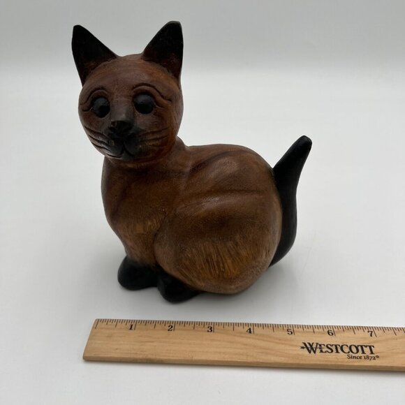 Siamese wood wooden carved cat kitten tail up sitting folk art handmade - Picture 12 of 12
